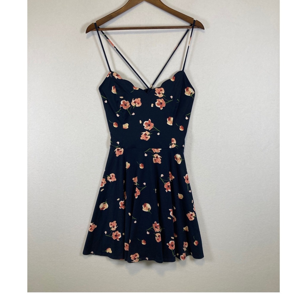 The General Good Floral Mini Dress Women XL Navy Blue Scalloped‎ Fit and Flare